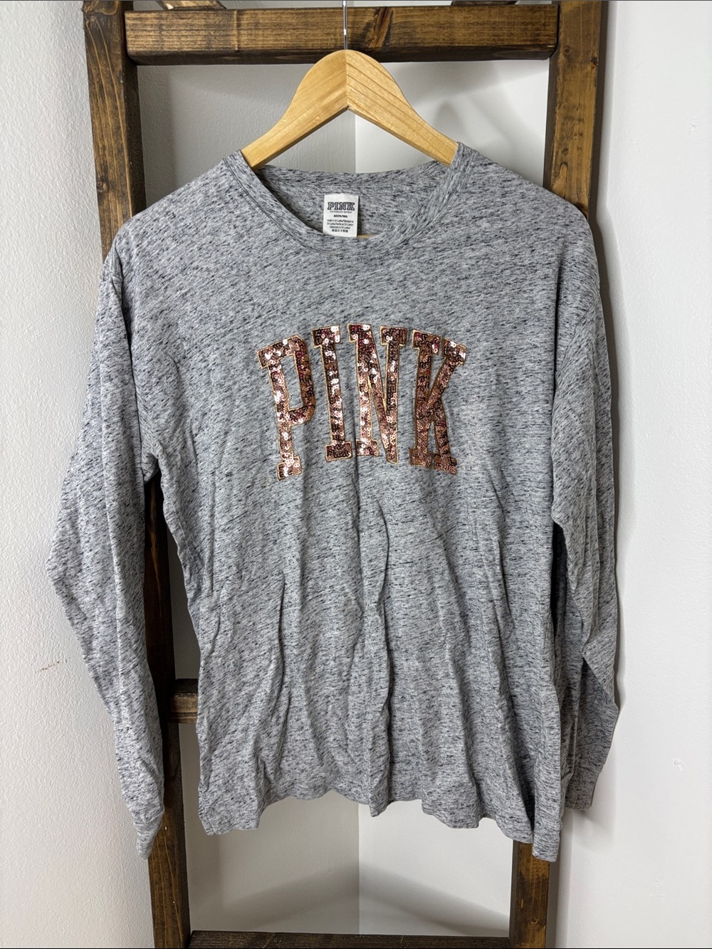 PINK Victoria's Secret Rose Gold Sequin Logo Long Sleeve Tee M